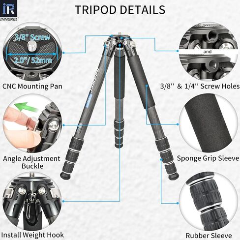 حامل ثلاثي من ألياف الكربون-INNOREL CT85C حامل ثلاثي احترافي محمول لكاميرا DSLR حامل عالي التحمل مع أنبوب 32 مم/1.26 بوصة مركز جاذبية منخفضة 360 درجة رأس كروي بانورامي أقصى تحميل 55 رطل/25 كجم عمود مركزي قصير in Kuwait