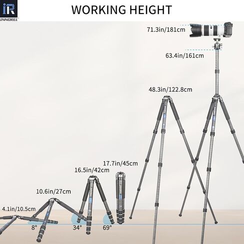 حامل ثلاثي من ألياف الكربون-INNOREL CT85C حامل ثلاثي احترافي محمول لكاميرا DSLR حامل عالي التحمل مع أنبوب 32 مم/1.26 بوصة مركز جاذبية منخفضة 360 درجة رأس كروي بانورامي أقصى تحميل 55 رطل/25 كجم عمود مركزي قصير in Kuwait