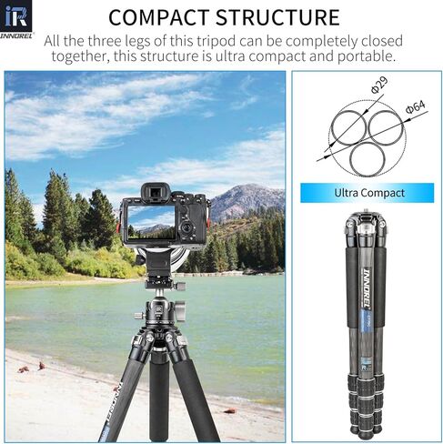 حامل ثلاثي من ألياف الكربون-INNOREL CT85C حامل ثلاثي احترافي محمول لكاميرا DSLR حامل عالي التحمل مع أنبوب 32 مم/1.26 بوصة مركز جاذبية منخفضة 360 درجة رأس كروي بانورامي أقصى تحميل 55 رطل/25 كجم عمود مركزي قصير in Kuwait