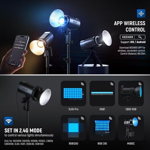 NEEWER MS60C RGBWW LED Video Light with 2.4G/APP Control, 65W Metal Mini RGB COB Continuous Output Lighting Bowens Mount Handheld Spotlight 2700K-6500K,8300lux/1m, CRI 97+/TLCI 98+,17 Effects + RGBCW in Saudi Arabia