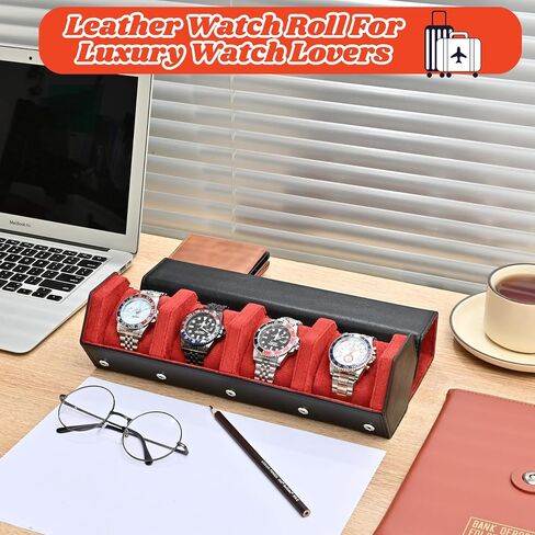 Leather Watch Roll for 3 Watches - Velvet-Lined Travel Case, Luxury Watch Rolls Organizer with Storage & Display for Men (3 Slot-Black Green) in Kuwait