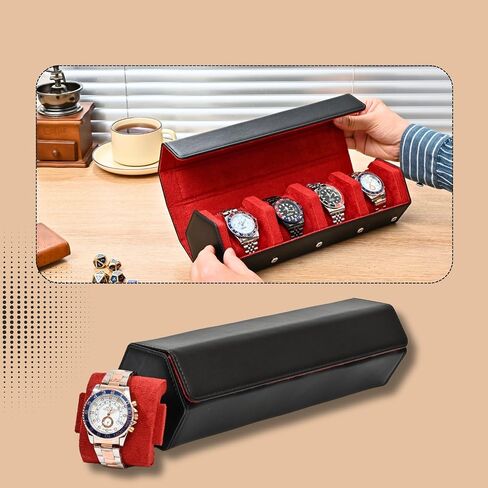 Leather Watch Roll for 3 Watches - Velvet-Lined Travel Case, Luxury Watch Rolls Organizer with Storage & Display for Men (3 Slot-Black Green) in Kuwait