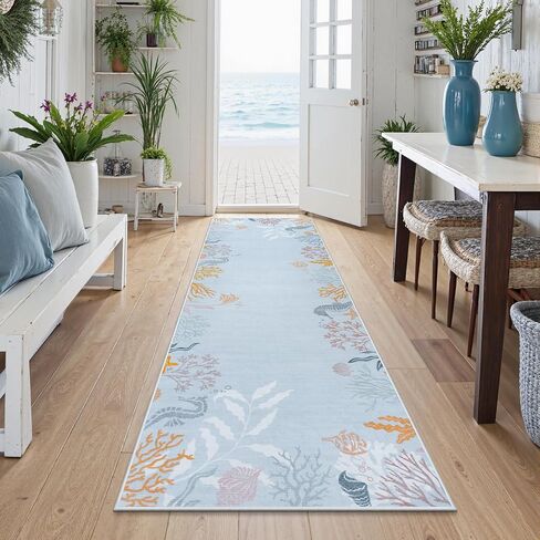 Seavish Modern Coastal Bather Runner Brug ، 2x6 Aqua Green Tropical Coral Runners for Mallways ، Low Pile Nautical Branner Rugs غير قابلة للانزلاق ، سجادة على شاطئ البحر لغرفة نوم مغسلة مدخل in Kuwait