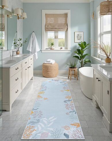 Seavish Modern Coastal Bather Runner Brug ، 2x6 Aqua Green Tropical Coral Runners for Mallways ، Low Pile Nautical Branner Rugs غير قابلة للانزلاق ، سجادة على شاطئ البحر لغرفة نوم مغسلة مدخل in Kuwait