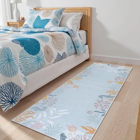 Seavish Modern Coastal Bather Runner Brug ، 2x6 Aqua Green Tropical Coral Runners for Mallways ، Low Pile Nautical Branner Rugs غير قابلة للانزلاق ، سجادة على شاطئ البحر لغرفة نوم مغسلة مدخل in Kuwait