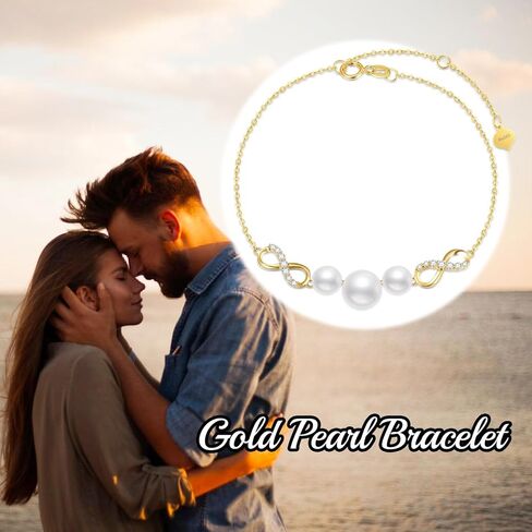 SISGEM 10k White Gold Created Moissanite and Freshwater Cultured Pearl Infinity Bracelet for Women, Real Gold Love Jewelry Gifts for Her, 6.8"-8.4" in Kuwait