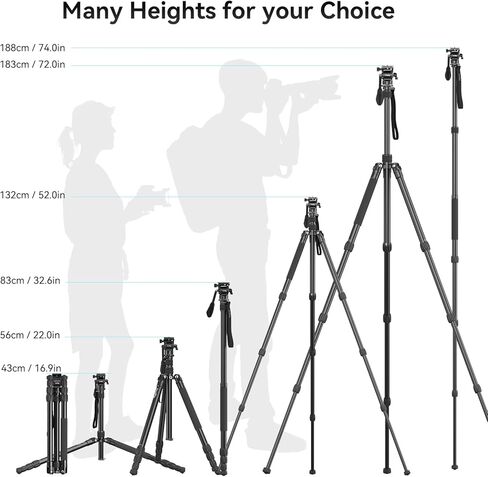 SmallRig 72" Video Tripod Monopod with Fluid Head, Aluminum Camera Tripod, 360° Panorama Ball Head for Travel, Video, Live Streaming, Vlogging, Adjustable Height from 16.5" to 72" - 3760 in Kuwait