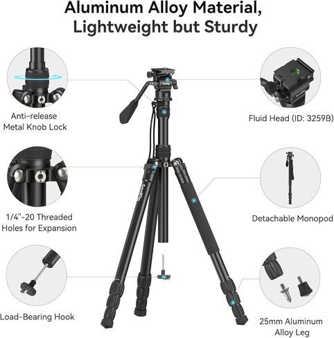 SmallRig 72" Video Tripod Monopod with Fluid Head, Aluminum Camera Tripod, 360° Panorama Ball Head for Travel, Video, Live Streaming, Vlogging, Adjustable Height from 16.5" to 72" - 3760 in Kuwait