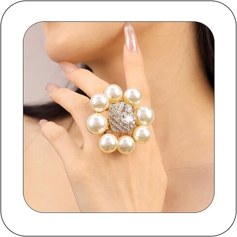 Vintage Pearl Ring for Women Big Promise Stacking Pearl Crystal Cluster Flower Rings Adjustable Open Finger Ring 1920s Pearl Statement Jewelry for Bridal Wedding Prom in Saudi Arabia