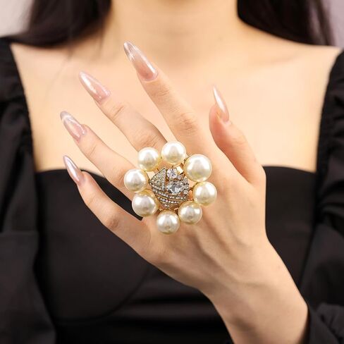 Vintage Pearl Ring for Women Big Promise Stacking Pearl Crystal Cluster Flower Rings Adjustable Open Finger Ring 1920s Pearl Statement Jewelry for Bridal Wedding Prom in Saudi Arabia