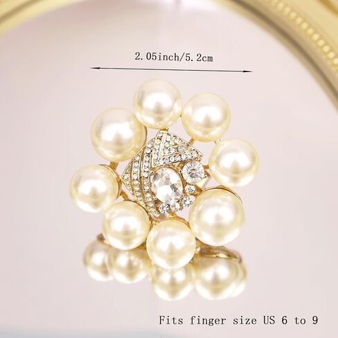 Vintage Pearl Ring for Women Big Promise Stacking Pearl Crystal Cluster Flower Rings Adjustable Open Finger Ring 1920s Pearl Statement Jewelry for Bridal Wedding Prom in Saudi Arabia