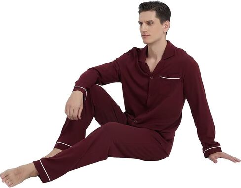 GLOBAL Pajamas for Men Pj Set 100% Cotton Pajama Long Sleeve/Pants Plaids Loungewear sets in Saudi Arabia