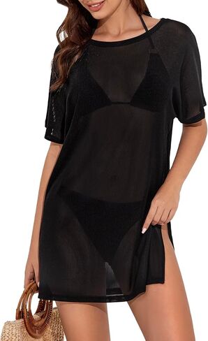 Women's Mesh Sheer Swimsuit Cover up Side Slit Tie Short Sleeve Beach Skirt Multi-Way Wear Bikini Swim Coverup in Saudi Arabia