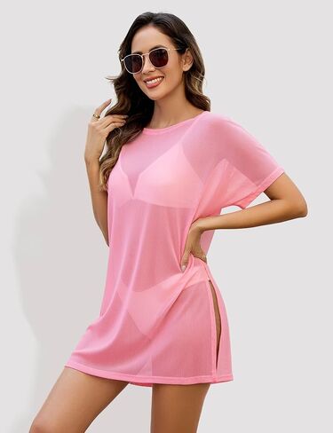 Women's Mesh Sheer Swimsuit Cover up Side Slit Tie Short Sleeve Beach Skirt Multi-Way Wear Bikini Swim Coverup in Saudi Arabia