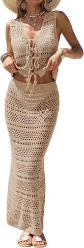 Fisoew Womens Summer Crochet Swim Cover Up 2 Piece Sleeveless Front Tie Crop Tops Beach Maxi Skirt Boho Coverup Set in Saudi Arabia