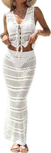 Fisoew Womens Summer Crochet Swim Cover Up 2 Piece Sleeveless Front Tie Crop Tops Beach Maxi Skirt Boho Coverup Set in Saudi Arabia