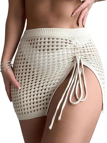 Wdirara Women's Hollow Out Crochet Cover Up Beach Skirt Armretring Split Swegtwear Cover Ups in Saudi Arabia