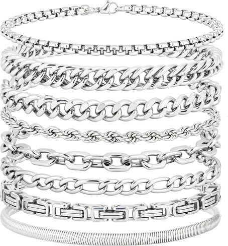 ELLEWIN Chain Bracelet for Men Stainless Steel Cuban Link Curb Figaro Herringbone Rope Paperclip Snake Byzantine Curb Chunky Chain Silver Bracelets Jewelry Set for Men 8.3 Inches in Kuwait