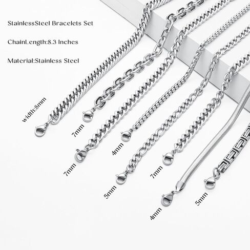 ELLEWIN Chain Bracelet for Men Stainless Steel Cuban Link Curb Figaro Herringbone Rope Paperclip Snake Byzantine Curb Chunky Chain Silver Bracelets Jewelry Set for Men 8.3 Inches in Kuwait