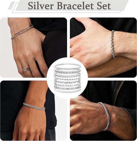 ELLEWIN Chain Bracelet for Men Stainless Steel Cuban Link Curb Figaro Herringbone Rope Paperclip Snake Byzantine Curb Chunky Chain Silver Bracelets Jewelry Set for Men 8.3 Inches in Kuwait