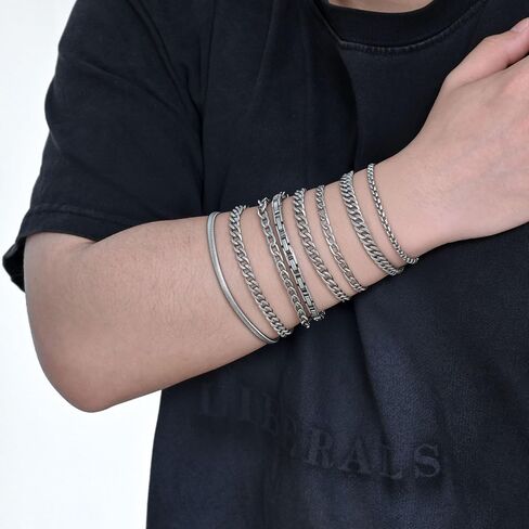 ELLEWIN Chain Bracelet for Men Stainless Steel Cuban Link Curb Figaro Herringbone Rope Paperclip Snake Byzantine Curb Chunky Chain Silver Bracelets Jewelry Set for Men 8.3 Inches in Kuwait