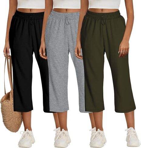 Neer 3 Pack Women's Capri Sweatpants Modal Soft Wide Leg Capris Summer Lounge Yoga Workout Cropped Pants with Pockets in Saudi Arabia