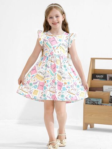 Toddler Girls Back to School Dress Casual Flutter Sleeve Swing Midi Kids Summer Sundress School Outfit 4-8 Years in Kuwait