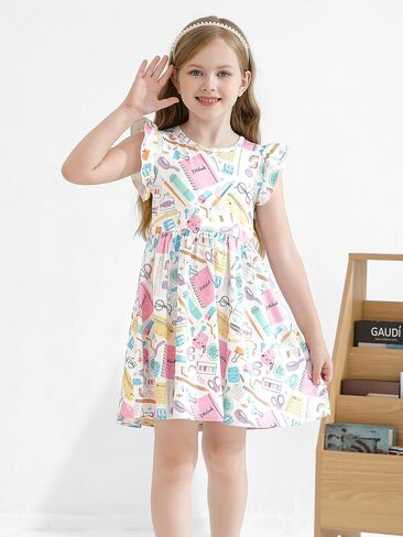 Toddler Girls Back to School Dress Casual Flutter Sleeve Swing Midi Kids Summer Sundress School Outfit 4-8 Years in Kuwait