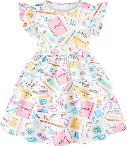 Toddler Girls Back to School Dress Casual Flutter Sleeve Swing Midi Kids Summer Sundress School Outfit 4-8 Years in Kuwait