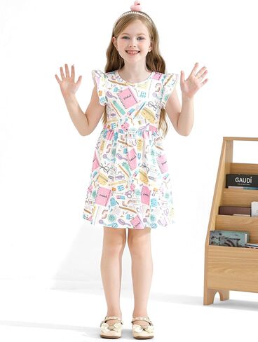 Toddler Girls Back to School Dress Casual Flutter Sleeve Swing Midi Kids Summer Sundress School Outfit 4-8 Years in Kuwait