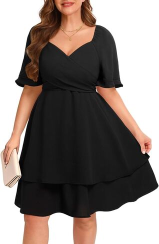 Pinup Fashion Women Graduation Dress Plus Size - Wedding Guest Summer Wrap V Neck Ruffle Knee Length Dresses in Kuwait