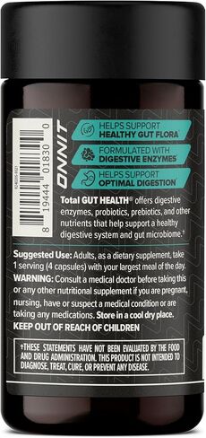 ONNIT Total Gut Health Daily Digestive Support, Complete Digestion Supplement for Women and Men with 7 Strains of Probiotics, Prebiotics, Enzymes and Betaine HCL, 60 Count in Kuwait