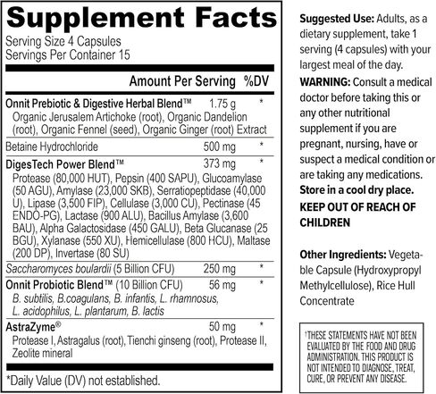 ONNIT Total Gut Health Daily Digestive Support, Complete Digestion Supplement for Women and Men with 7 Strains of Probiotics, Prebiotics, Enzymes and Betaine HCL, 60 Count in Kuwait