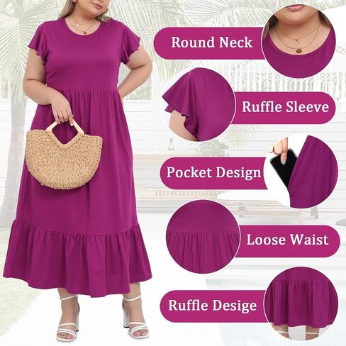 Moon Wood Women’s 2025 Plus Size Disual Dress Dress Crew Neck Shulk Short Summer Maxi Dresses with Mobicets in Saudi Arabia