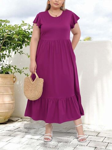 Moon Wood Women’s 2025 Plus Size Disual Dress Dress Crew Neck Shulk Short Summer Maxi Dresses with Mobicets in Saudi Arabia