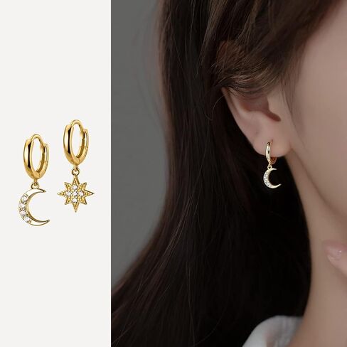 Reffeer Solid 925 Sterling Silver CZ Star Moon Drop Hoop Earrings for Women Teens Crystal Moon Star Hoop Earrings Dangle in Saudi Arabia