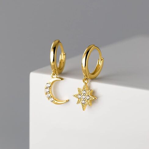 Reffeer Solid 925 Sterling Silver CZ Star Moon Drop Hoop Earrings for Women Teens Crystal Moon Star Hoop Earrings Dangle in Saudi Arabia