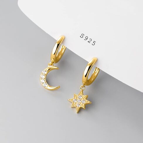 Reffeer Solid 925 Sterling Silver CZ Star Moon Drop Hoop Earrings for Women Teens Crystal Moon Star Hoop Earrings Dangle in Saudi Arabia