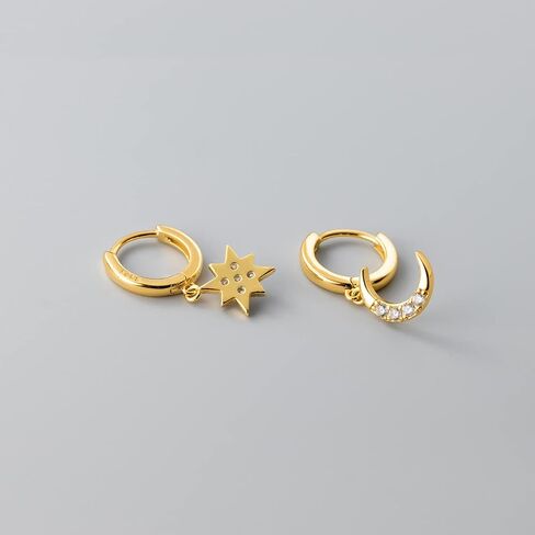 Reffeer Solid 925 Sterling Silver CZ Star Moon Drop Hoop Earrings for Women Teens Crystal Moon Star Hoop Earrings Dangle in Saudi Arabia