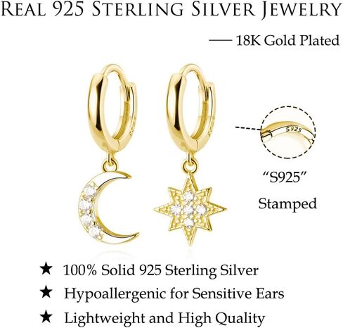 Reffeer Solid 925 Sterling Silver CZ Star Moon Drop Hoop Earrings for Women Teens Crystal Moon Star Hoop Earrings Dangle in Saudi Arabia