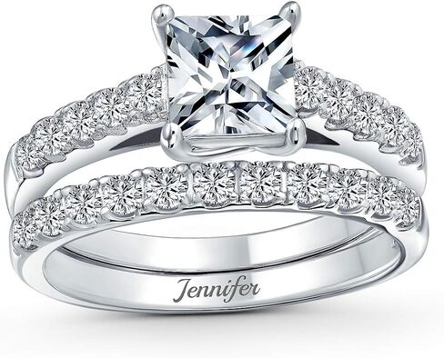 Personalize 1-3CT Brilliant Canary Yellow Cubic Zirconia Square Princess Cut Solitaire Cathedral Setting Thin Eternity Pave Band AAA CZ Anniversary Engagement Wedding Ring Set .925 Sterling Silver in Saudi Arabia