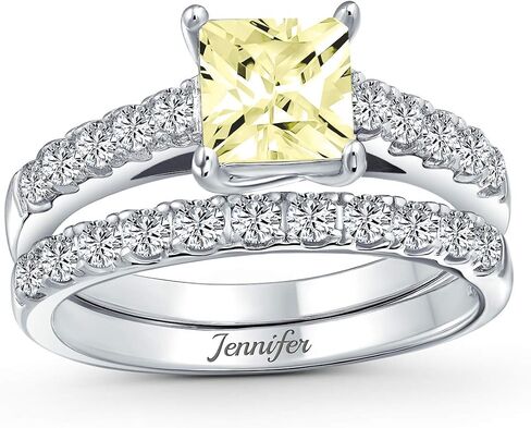 Personalize 1-3CT Brilliant Canary Yellow Cubic Zirconia Square Princess Cut Solitaire Cathedral Setting Thin Eternity Pave Band AAA CZ Anniversary Engagement Wedding Ring Set .925 Sterling Silver in Saudi Arabia