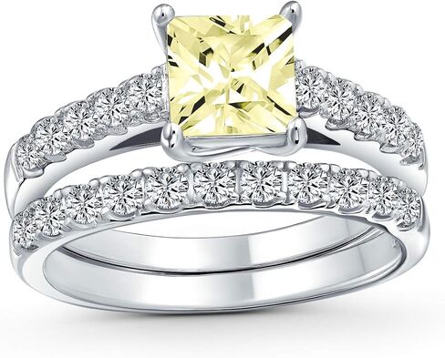 Personalize 1-3CT Brilliant Canary Yellow Cubic Zirconia Square Princess Cut Solitaire Cathedral Setting Thin Eternity Pave Band AAA CZ Anniversary Engagement Wedding Ring Set .925 Sterling Silver in Saudi Arabia