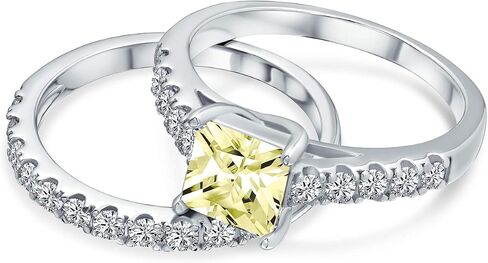 Personalize 1-3CT Brilliant Canary Yellow Cubic Zirconia Square Princess Cut Solitaire Cathedral Setting Thin Eternity Pave Band AAA CZ Anniversary Engagement Wedding Ring Set .925 Sterling Silver in Saudi Arabia