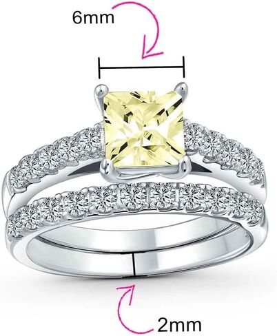Personalize 1-3CT Brilliant Canary Yellow Cubic Zirconia Square Princess Cut Solitaire Cathedral Setting Thin Eternity Pave Band AAA CZ Anniversary Engagement Wedding Ring Set .925 Sterling Silver in Saudi Arabia