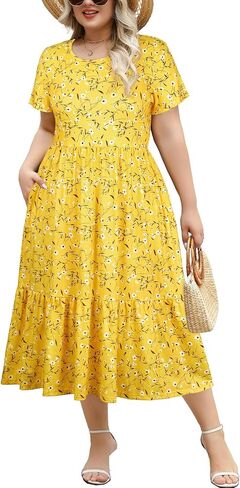 Women's Plus Size Midi Casual Dress with Pockets 1X-4X Tiered Short Sleeve Relax Fit Crewneck Summer Dresses in Saudi Arabia