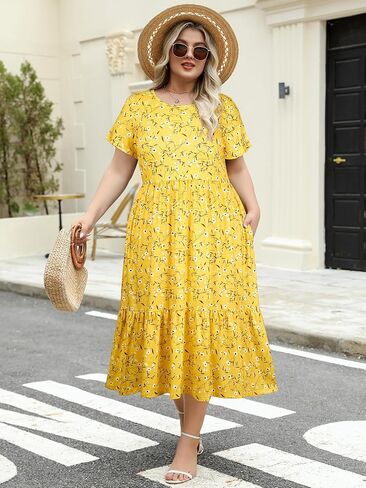 Women's Plus Size Midi Casual Dress with Pockets 1X-4X Tiered Short Sleeve Relax Fit Crewneck Summer Dresses in Saudi Arabia