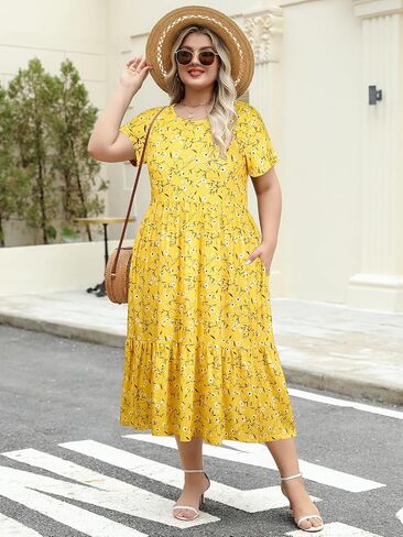 Women's Plus Size Midi Casual Dress with Pockets 1X-4X Tiered Short Sleeve Relax Fit Crewneck Summer Dresses in Saudi Arabia