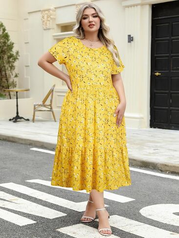 Women's Plus Size Midi Casual Dress with Pockets 1X-4X Tiered Short Sleeve Relax Fit Crewneck Summer Dresses in Saudi Arabia