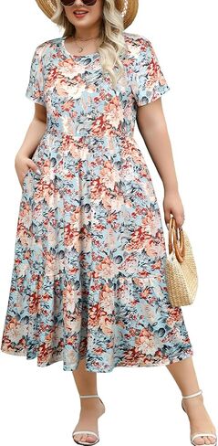 Women's Plus Size Midi Casual Dress with Pockets 1X-4X Tiered Short Sleeve Relax Fit Crewneck Summer Dresses in Saudi Arabia